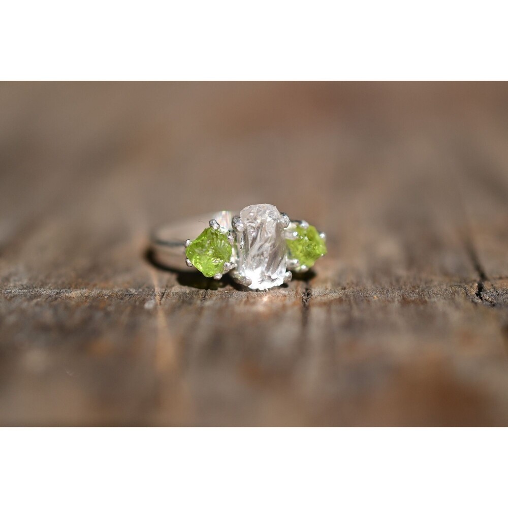 Raw peridot and clear quartz engagement ring, rough cut gemstone ring size 4 5 6